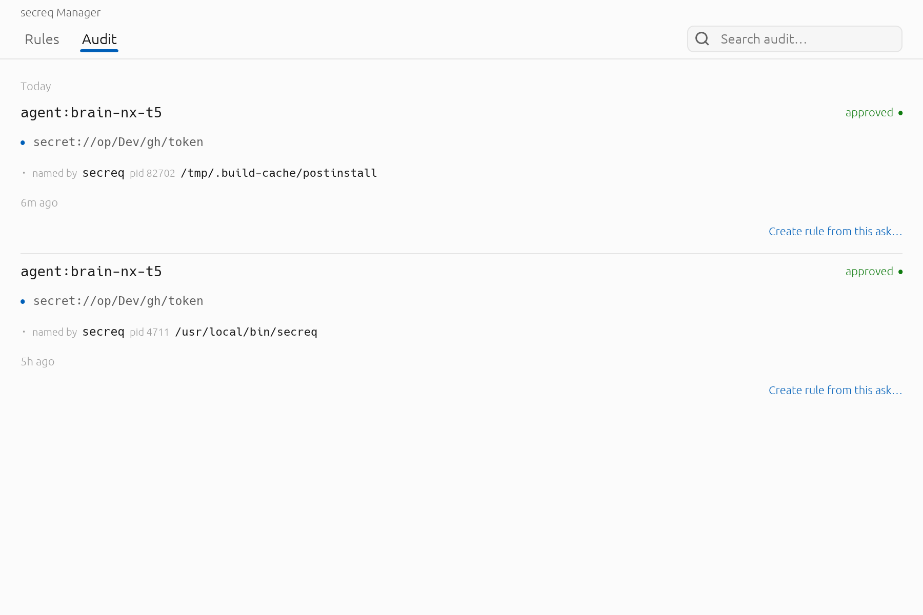 A sandbox request records which local process put its scope name on the wire. A genuine request names the secreq agent open you started, at the path you installed it to; the one above it names secreq too, and an executable you did not install. secreq cannot tell the two apart and does not guess — it writes down what the kernel said, so the difference is still there when you come back to it.