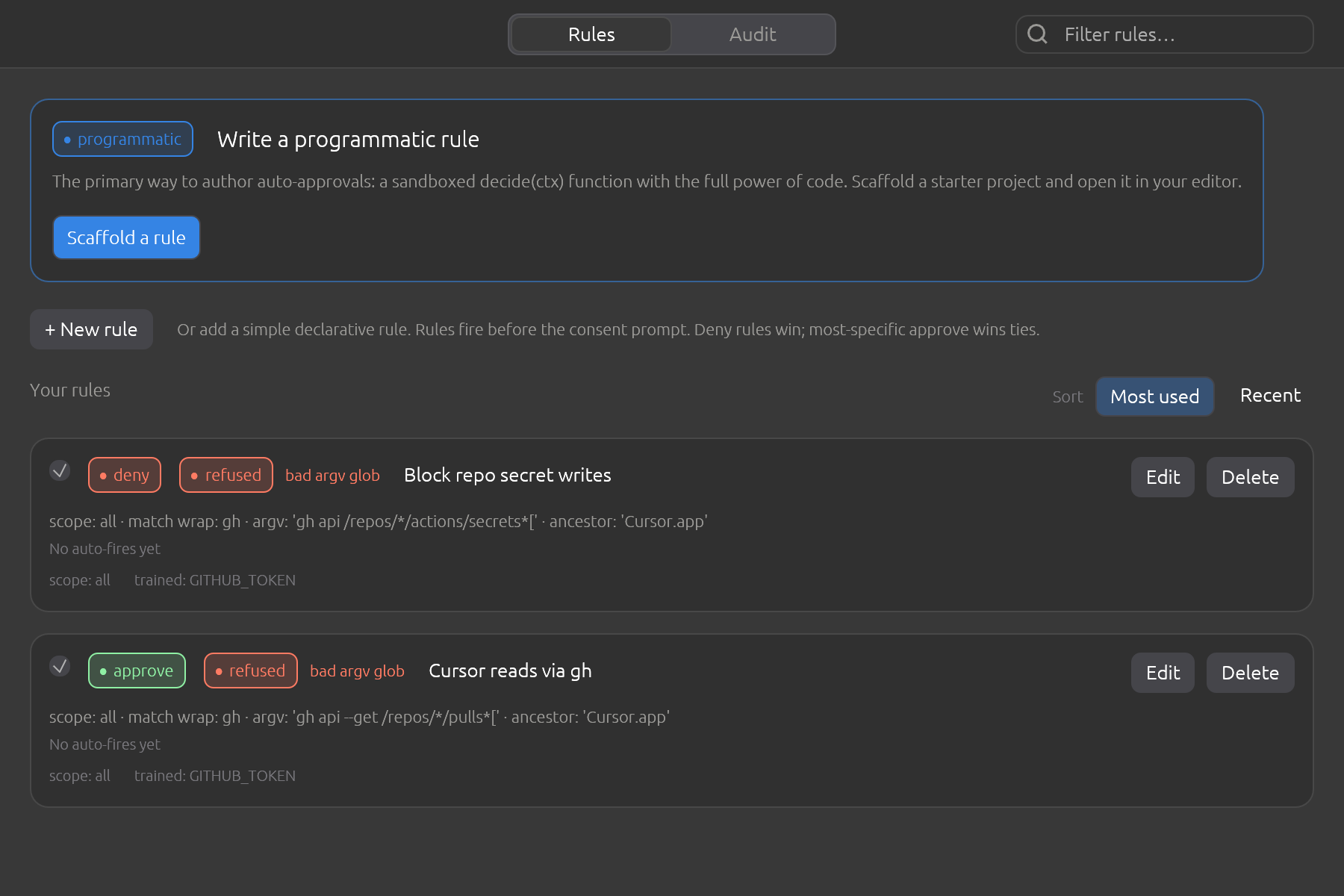 A match pattern that is not a valid glob is refused rather than quietly reread as plain text. secreq badges the rule here and the rule never matches. That matters most on a deny: rather than let another rule's approve carry an ask your deny was written to stop, secreq asks you.