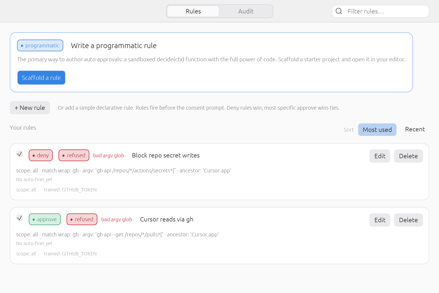A match pattern that is not a valid glob is refused rather than quietly reread as plain text. secreq badges the rule here and the rule never matches. That matters most on a deny: rather than let another rule's approve carry an ask your deny was written to stop, secreq asks you.