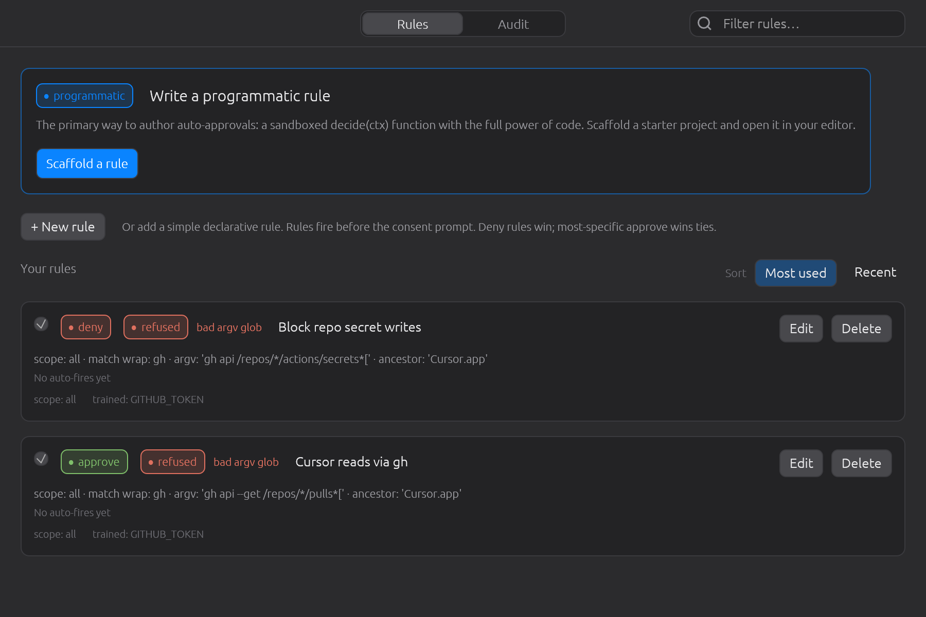 A match pattern that is not a valid glob is refused rather than quietly reread as plain text. secreq badges the rule here and the rule never matches. That matters most on a deny: rather than let another rule's approve carry an ask your deny was written to stop, secreq asks you.
