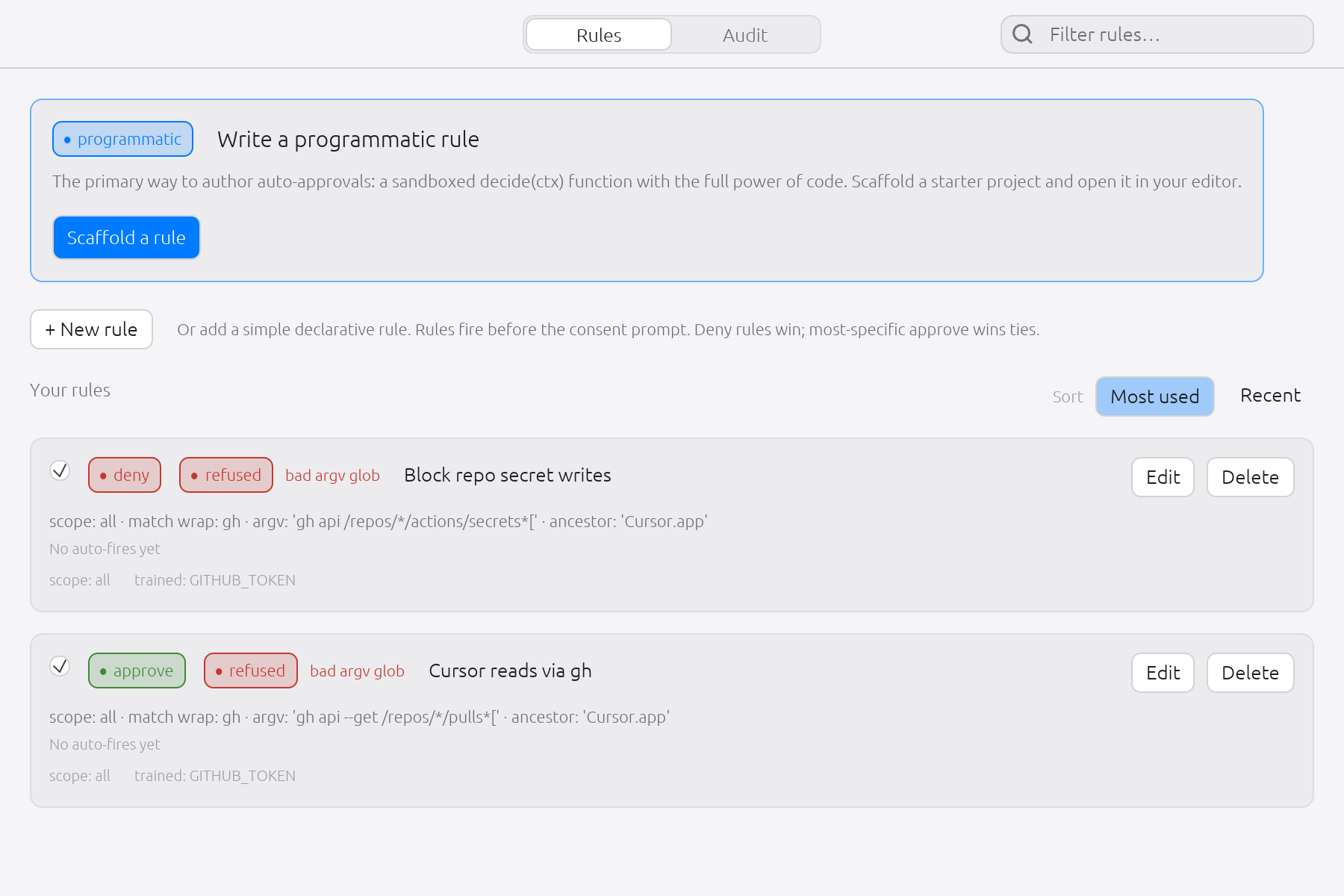 A match pattern that is not a valid glob is refused rather than quietly reread as plain text. secreq badges the rule here and the rule never matches. That matters most on a deny: rather than let another rule's approve carry an ask your deny was written to stop, secreq asks you.