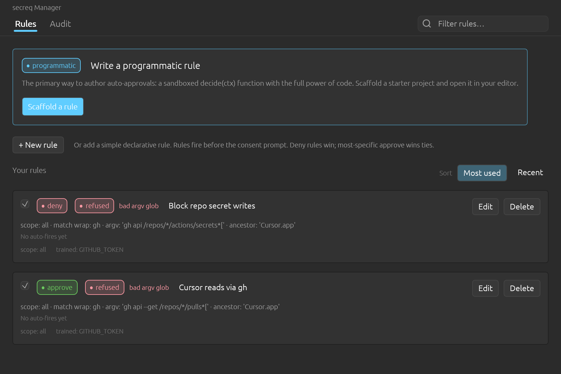 A match pattern that is not a valid glob is refused rather than quietly reread as plain text. secreq badges the rule here and the rule never matches. That matters most on a deny: rather than let another rule's approve carry an ask your deny was written to stop, secreq asks you.