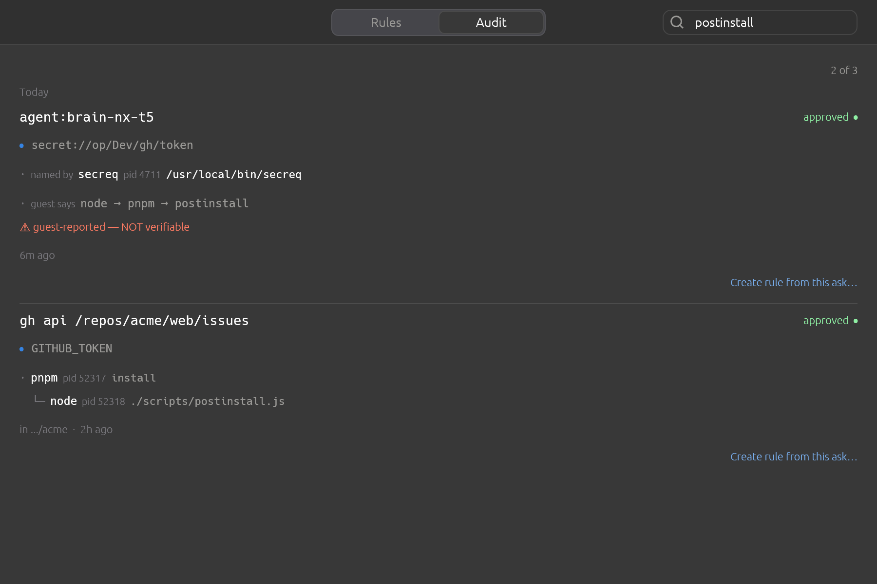 Search reaches a guest's claimed chain too, so filtering the log by a process name cannot quietly skip the rows where something only said it was that process. A row found that way still arrives marked: guest says is a claim, the tree above it is not.