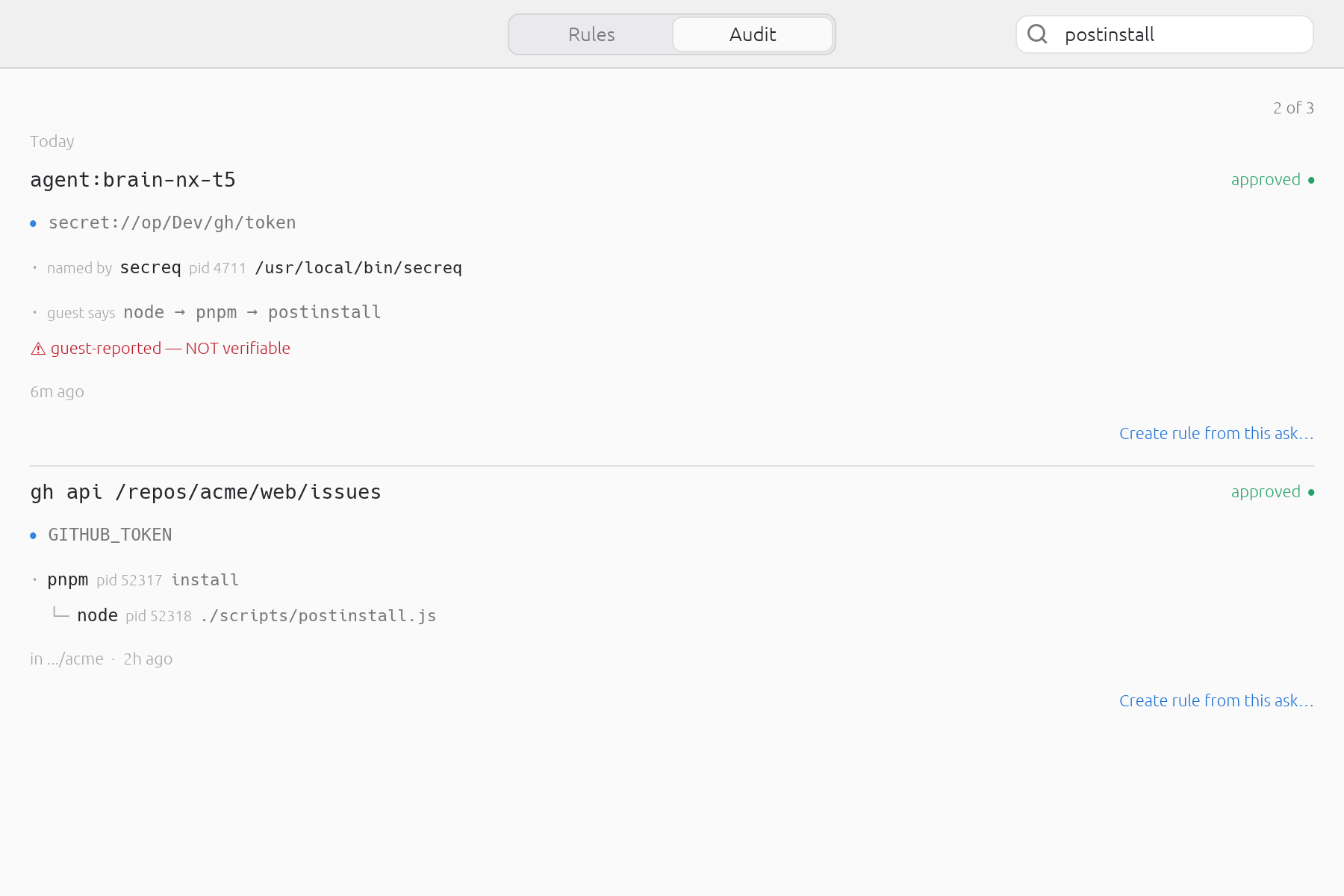 Search reaches a guest's claimed chain too, so filtering the log by a process name cannot quietly skip the rows where something only said it was that process. A row found that way still arrives marked: guest says is a claim, the tree above it is not.