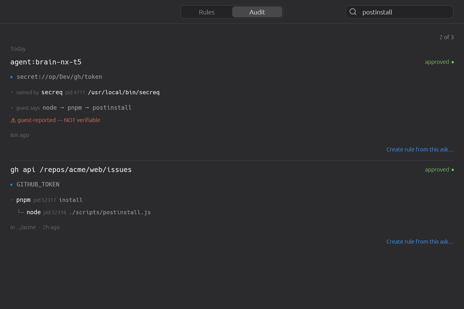 Search reaches a guest's claimed chain too, so filtering the log by a process name cannot quietly skip the rows where something only said it was that process. A row found that way still arrives marked: guest says is a claim, the tree above it is not.