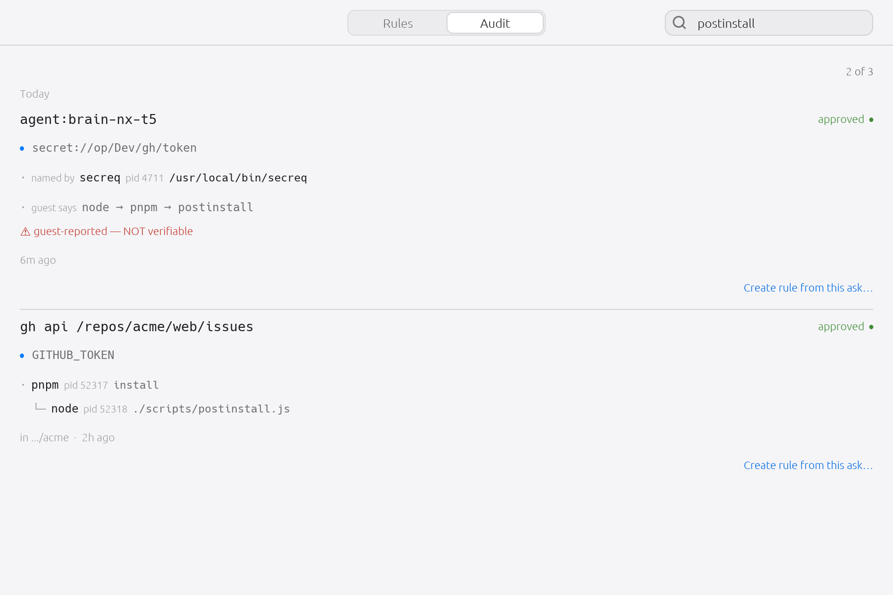 Search reaches a guest's claimed chain too, so filtering the log by a process name cannot quietly skip the rows where something only said it was that process. A row found that way still arrives marked: guest says is a claim, the tree above it is not.