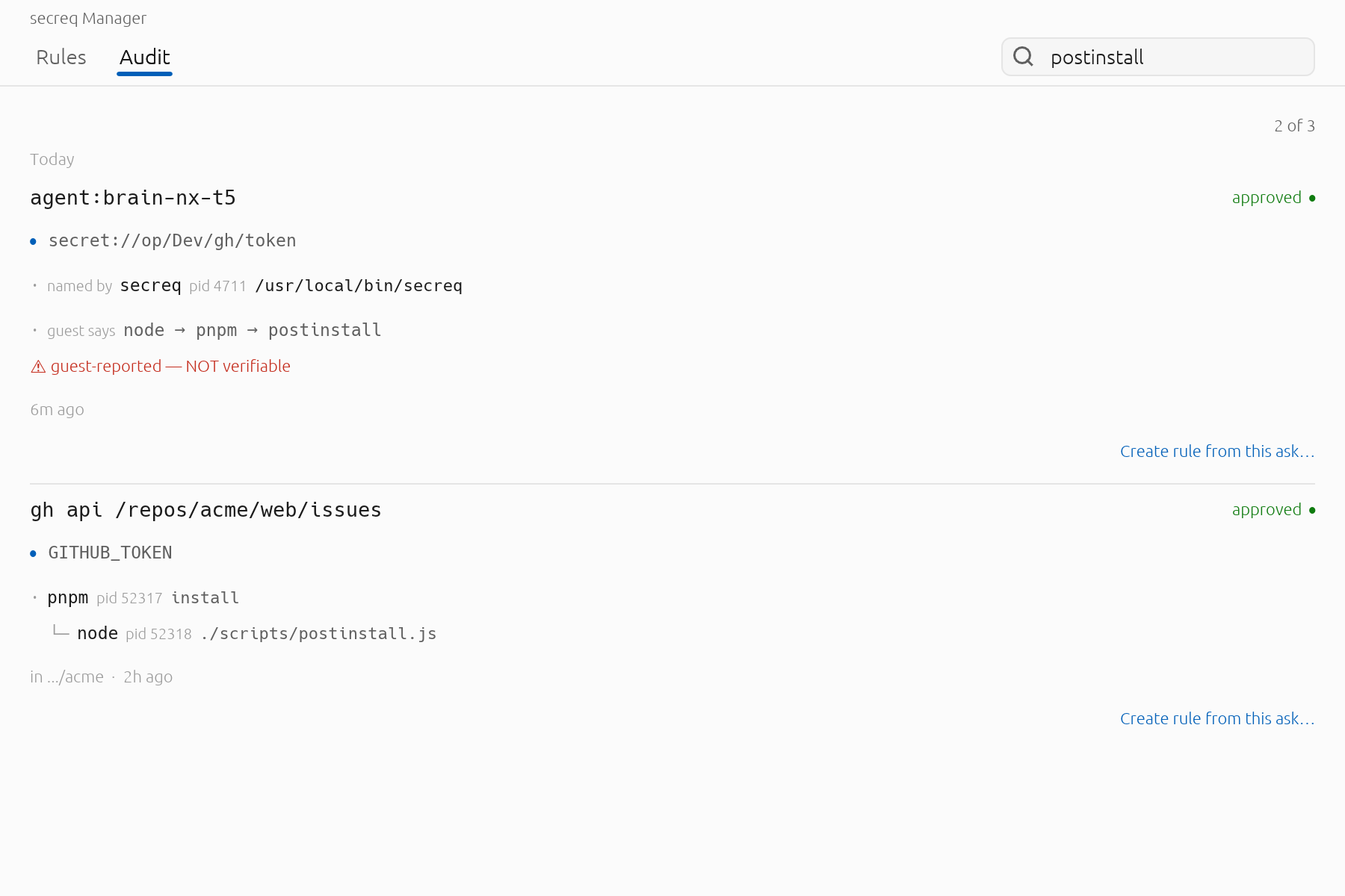 Search reaches a guest's claimed chain too, so filtering the log by a process name cannot quietly skip the rows where something only said it was that process. A row found that way still arrives marked: guest says is a claim, the tree above it is not.
