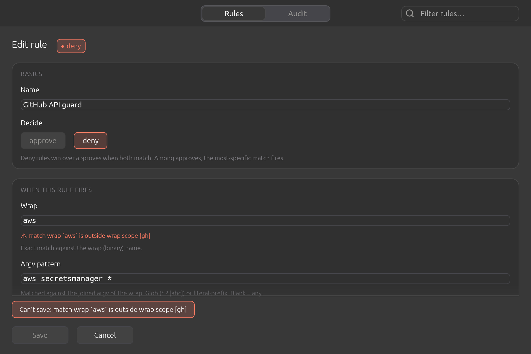 The declarative editor keeps consultation scope read-only and refuses a match wrap outside it. Without this warning, saving match wrap: aws behind scope: gh would create a rule no ask can ever reach.