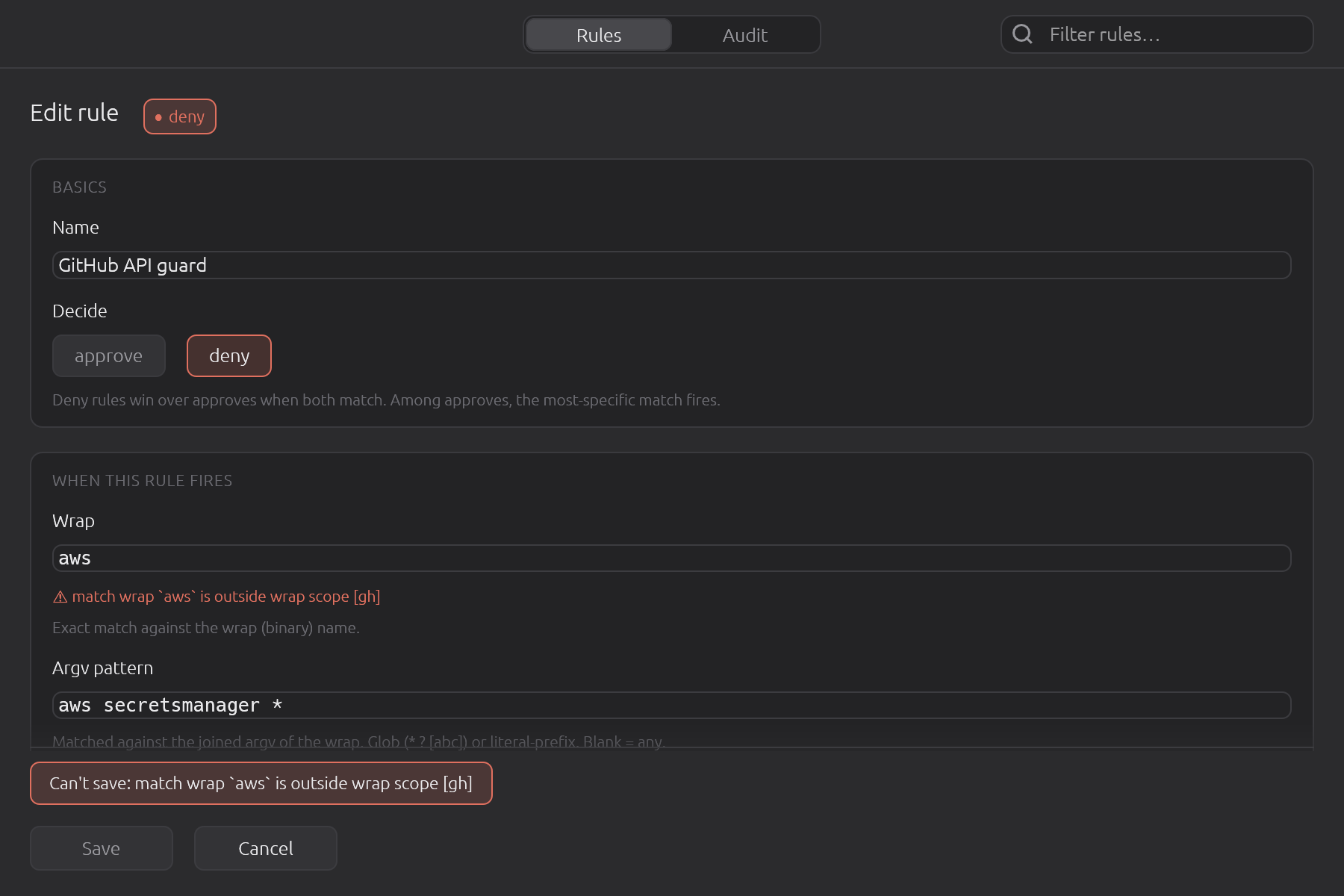 The declarative editor keeps consultation scope read-only and refuses a match wrap outside it. Without this warning, saving match wrap: aws behind scope: gh would create a rule no ask can ever reach.