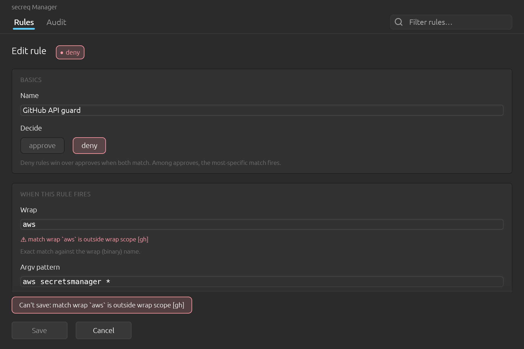 The declarative editor keeps consultation scope read-only and refuses a match wrap outside it. Without this warning, saving match wrap: aws behind scope: gh would create a rule no ask can ever reach.