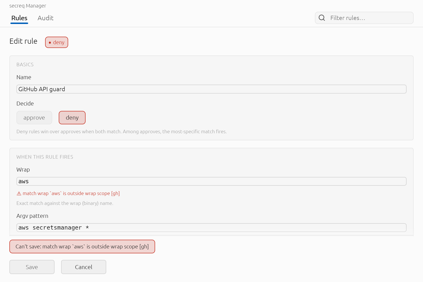 The declarative editor keeps consultation scope read-only and refuses a match wrap outside it. Without this warning, saving match wrap: aws behind scope: gh would create a rule no ask can ever reach.