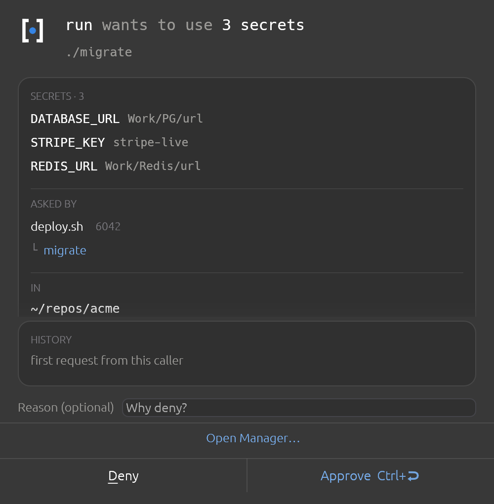 Three sibling requests from one run, merged into a single decision. Hover a secret to see which command wanted it.