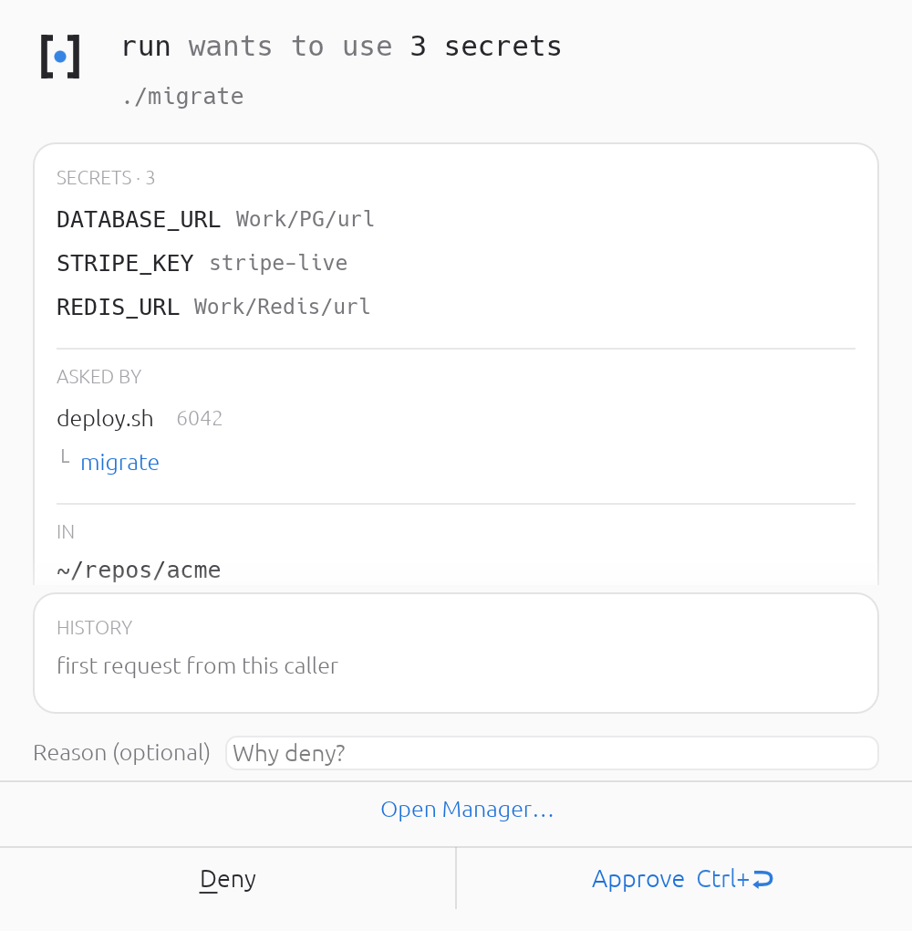 Three sibling requests from one run, merged into a single decision. Hover a secret to see which command wanted it.