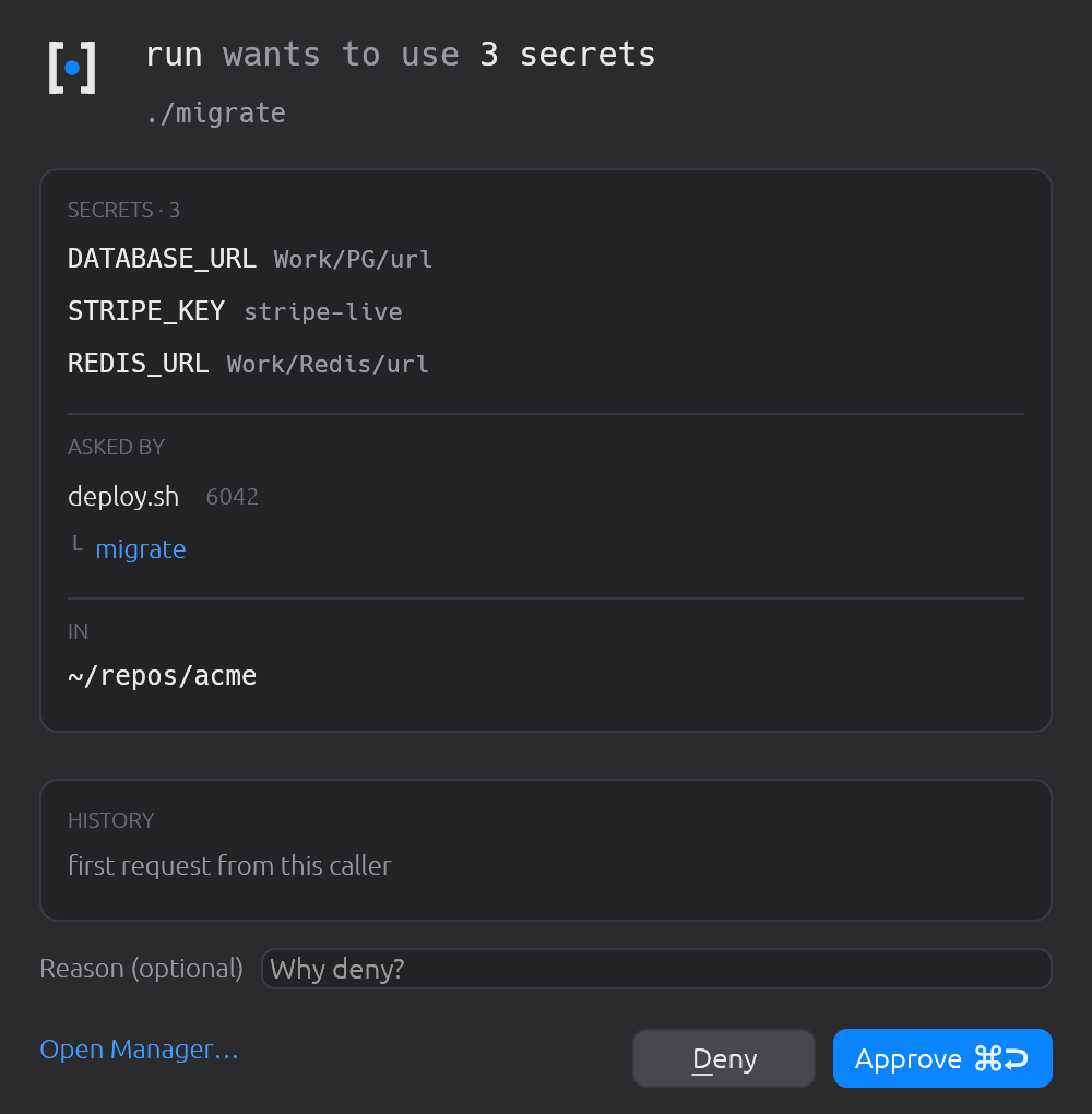Three sibling requests from one run, merged into a single decision. Hover a secret to see which command wanted it.
