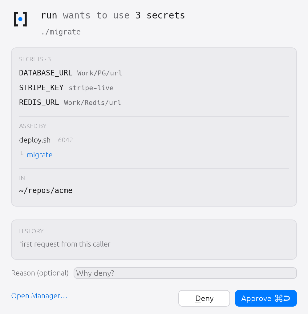 Three sibling requests from one run, merged into a single decision. Hover a secret to see which command wanted it.