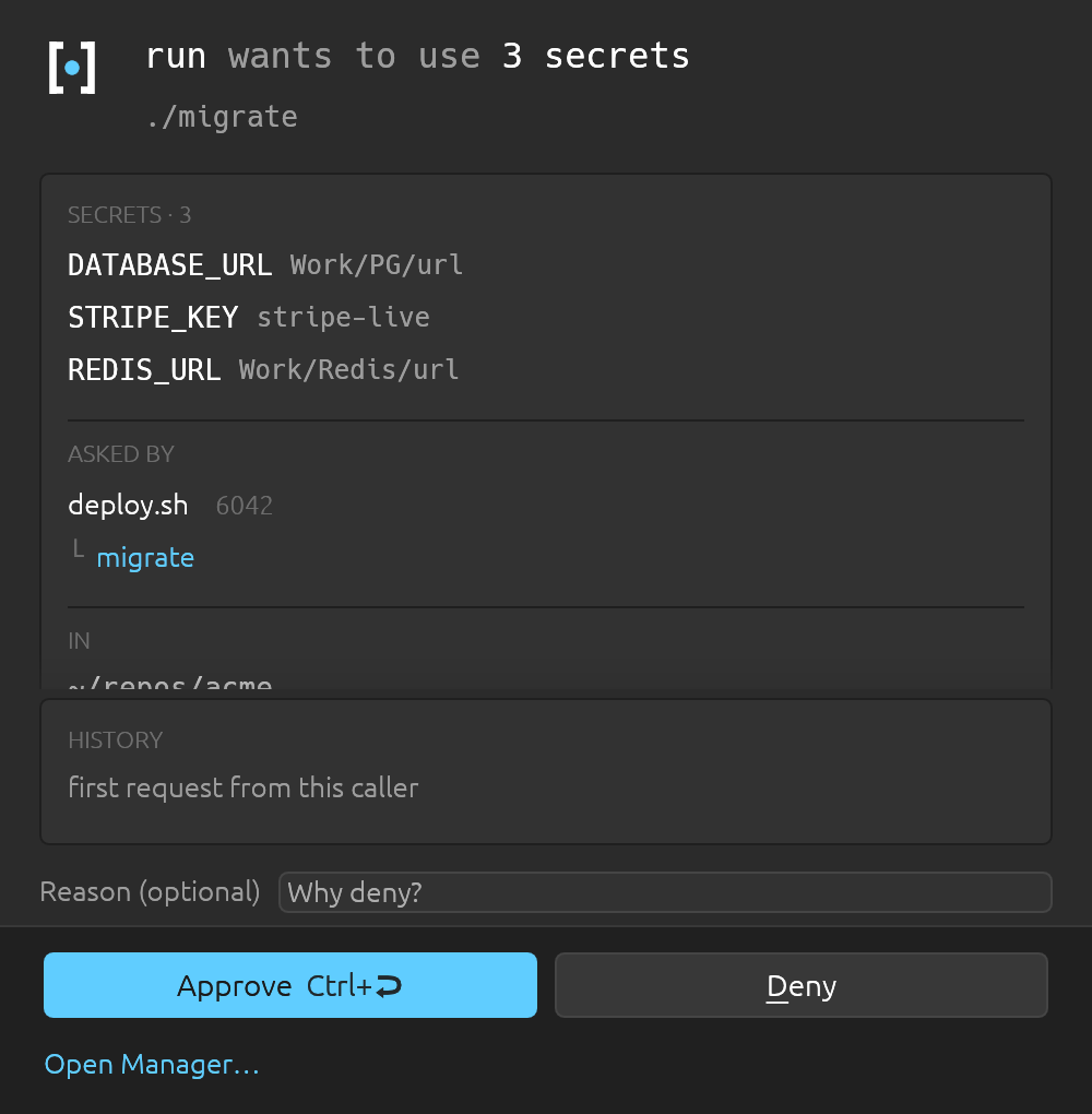 Three sibling requests from one run, merged into a single decision. Hover a secret to see which command wanted it.