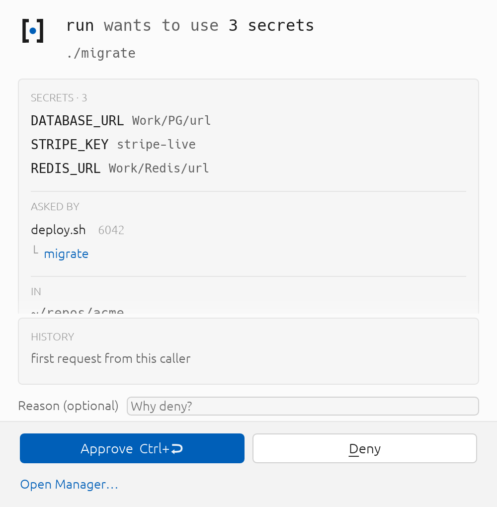 Three sibling requests from one run, merged into a single decision. Hover a secret to see which command wanted it.